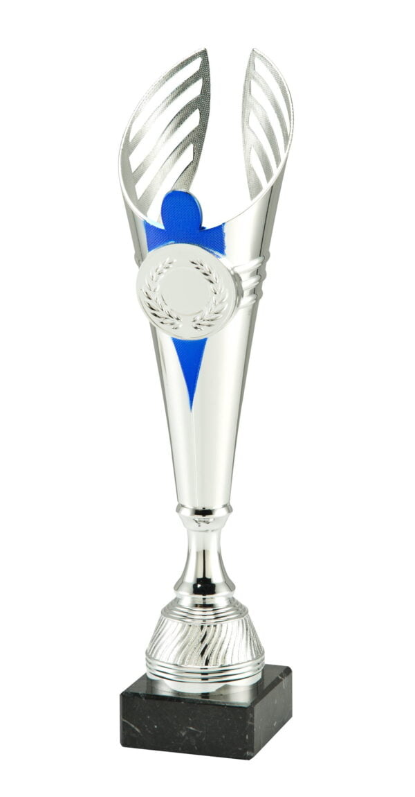 Economy trofee kelk zilver/blauw hoog